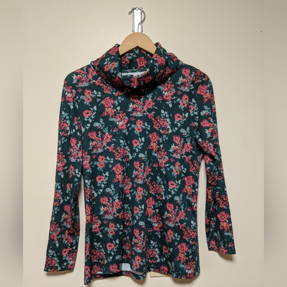 L.L. Bean Pink and Green Cowl Neck Sweater with Floral Print Large
